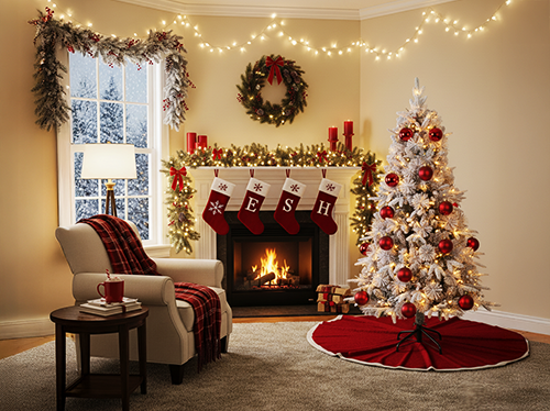 Gezellige woonkamer versierd voor Kerstmis met een witte boom met rode ornamenten, een open haard met sokken en slingers en een krans boven de schouw. Warme lampjes en een besneeuwd raam maken het feestelijke geheel compleet. Klik om de producten in de collectie te bekijken.